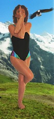 Hatha Yoga Garudasana | Asana ejercicio "Adler" de Bogumila Bara Dausend con los Alpes en el trasfondo, patria de los �guilas. Fotomontaje &copy; 2007 Bogumila & Lutz Dausend